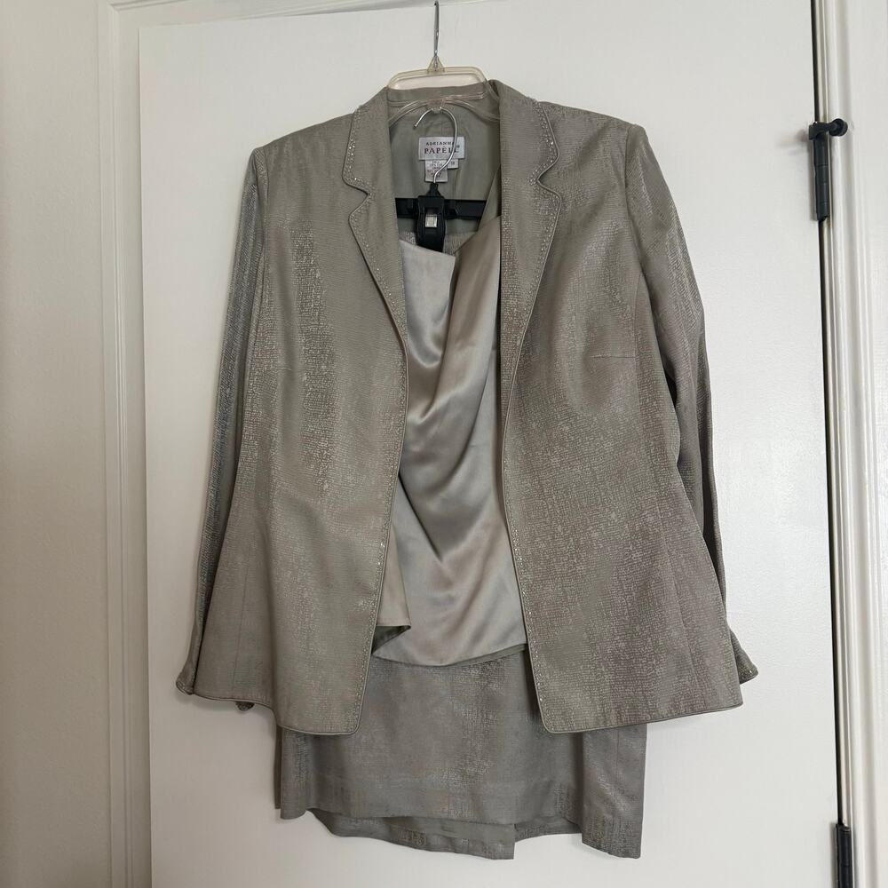Adrianna Papell Silver Gray Shimmer Silk 3-Piece Skirt Suit Womens 18